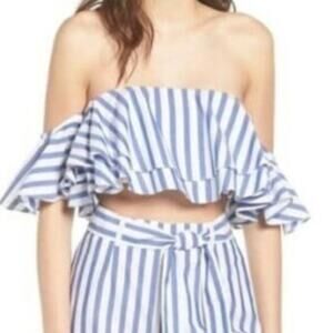 Wayf Blue White Stripe Cerignola Ruffle Crop top
